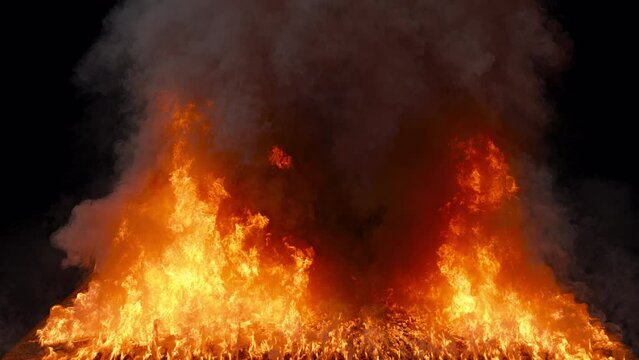 The raging explosion of flames comes to life, throwing an intense rush of energy and chaotic radiance. A looped video captures the intense, dynamic burst of flames with an alpha channel