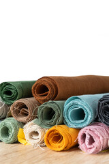 Linen textile in rolls at a garment factory - 709123336
