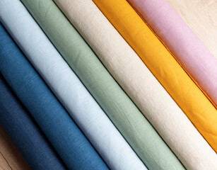Palette of linen fabrics in rolls, fabric swatches - 709123391