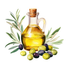 Watercolor illustration of olive oil with olives isolated on transparent background Remove png, Clipping Path, pen tool