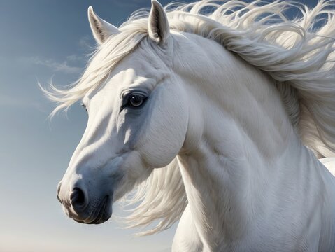 portrait of a white horse with long hair blowing in the wind