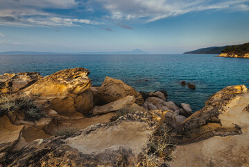 Amazing landscape of rocky shore at Mediterranean sea. Halkidiki.Karydi beach in Vourvourou. Sithonia peninsula. Greece. - 709123700