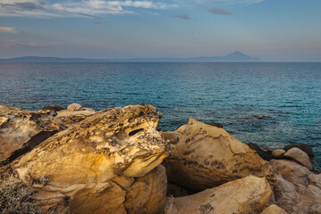 Amazing landscape of rocky shore at Mediterranean sea. Halkidiki.Karydi beach in Vourvourou. Sithonia peninsula. Greece. - 709123712