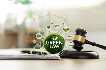 Green law concept. international environmental law Climate or environmental justice Law on green forest conservation economy. Icon on green ball complete with legal hammer - obrazy, fototapety, plakaty