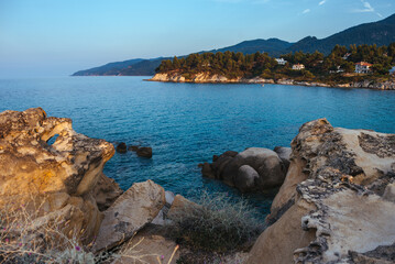 Amazing landscape of rocky shore at Mediterranean sea. Halkidiki.Karydi beach in Vourvourou. Sithonia peninsula. Greece. - 709123755