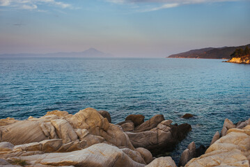 Amazing landscape of rocky shore at Mediterranean sea. Halkidiki.Karydi beach in Vourvourou. Sithonia peninsula. Greece. - 709123764