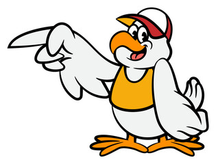 Cartoon illustration of A Big Chicken wearing cap and restaurant uniform with showing direction gestures. Best for sticker, logo, and mascot with fried chicken culinary business themes for children