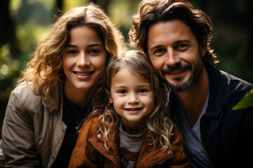 Obraz premium Happy family, mother, father and child outdoors, joyful parenthood