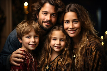 Fototapeta premium Happy family, mother, father and children, brother and sister at home, joyful parenthood
