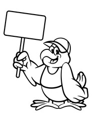 Cartoon illustration of A Big Chicken wearing cap and restaurant uniform holding a signboard. Best for outline, logo, and coloring book with fried chicken culinary business themes for children