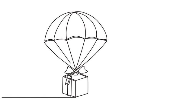 Continuous one line animation. Hand drawn animated motion graphic element of a parachute with cardboard jumping down from the air. Online shopping concept, fast delivery. 4k videos