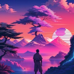 Pink landscape in Futuresynth style