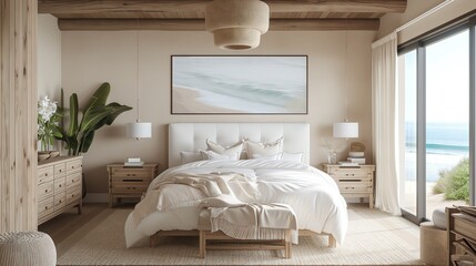 Rustic Retreat: Modern Inviting Bedroom with Wooden Bedside Cabinet and Beige Blankets. Generative AI