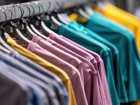 stock picture of print manufacturer, showing stock of muted colorful blank tshirts.
