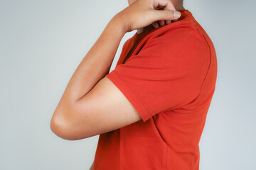 Health concept, person with elbow pain, man holding hand on elbow with pain, bone arthritis
