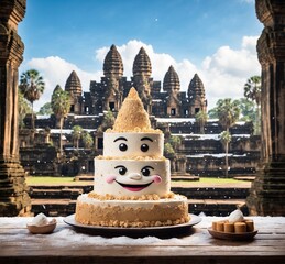 Fototapeta premium Cake with happy face in Angkor Wat, Siem Reap, Cambodia