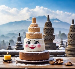 Snowman made of cake and candle on wooden table with Bali, Indonesia