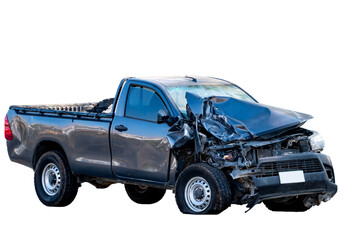 Full body fo Front and Side view black pickup truck car get damaged by accident on the road....