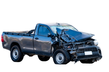 Full body fo Front and Side view black pickup truck car get damaged by accident on the road. damaged cars after collision. isolated on transparent background, Car and casualty insurance, PNG File
