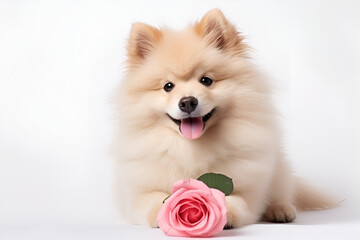 Funny dog congratulates on Valentine's Day on a white background with a rose.