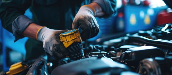 Fixing the car by changing the fuel filter. - obrazy, fototapety, plakaty