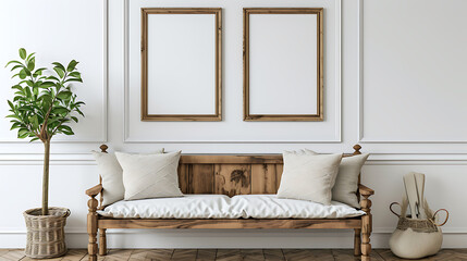 Fototapeta na wymiar Wooden rustic bench with pillows against wall with two poster frames. Country farmhouse interior design of modern home entryway