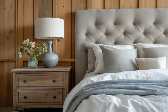 Bedside Drawer Nightstand and Lamp Near Bed with Grey Fabric Headboard, Set Against a Wood Paneling Wall - Creating a Cozy and Inviting Modern Bedroom Interior Design