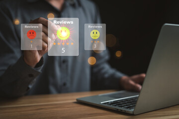 Virtual image scenario for evaluating customer satisfaction levels with device system. Ratings stars, reviews, survey responses. happy, information. Man pointing reviews rating 5 with computer laptop