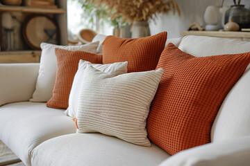 Close-up of a Fabric Sofa Adorned with White and Terra Cotta Pillows, Adding a Touch of French Country Elegance to the Modern Living Room's Interior Design