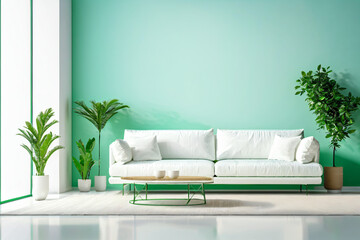 Fototapeta na wymiar Minimalistic modern interior design with white sofa and sea green clear wall with plants