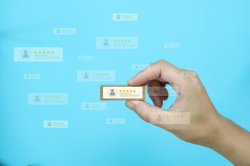Customer review good rating concept, user select five star icon for positive customer feedback, testimonial and testimony, user comment and feedback for review.