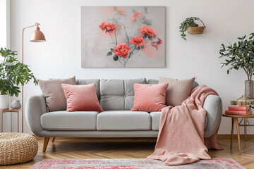 Grey Sofa with Pink Pillows and Blanket, Set Against a White Wall Adorned with Abstract Art Poster - A Touch of Modern Interior Design in the Living Room