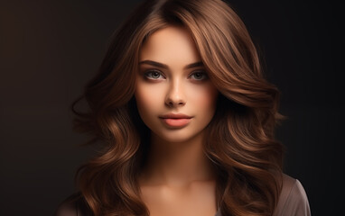 Fototapeta premium Beautiful female with long and shiny wavy hair on a brown background. 