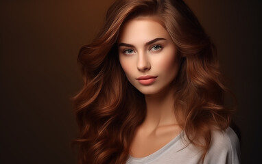 Beautiful female with long and shiny wavy hair on a brown background.
