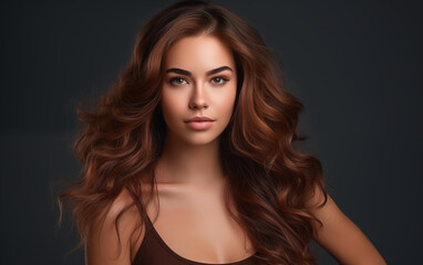 Beautiful female with long and shiny wavy hair on a brown background.
