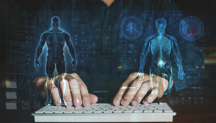 Analysis of the human body using computer information systems, inspection systems and human tomography images on visual screen, technology for analysis human. © Kenstocker