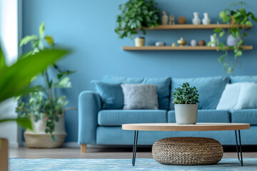 Round Coffee Table Near a Cozy Blue Sofa, Accentuated by a Wooden Shelf with Home Decor and Lush Houseplant Against a Calming Blue Wall with Ample Copy Space - Embracing Scandinavian Interior Design