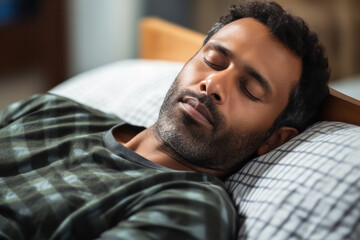 A peaceful Indian man enjoys restful sleep in a calm bedroom, showcasing serene relaxation. - Powered by Adobe