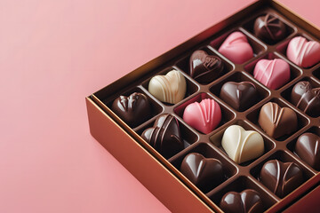 Heart shaped chocolates gift box on pink background. Chocolates is a common gift for Valentine's Day. Short depth of field. Generative AI.