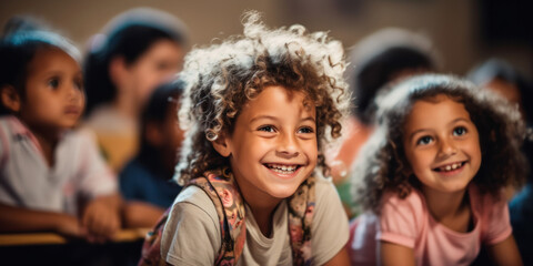 Fototapeta premium Delighted children in a diverse group, laughing and learning together in a classroom.