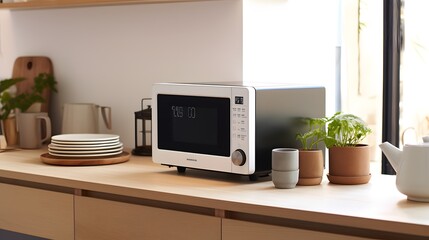 a modern white and black microwave in a house kitchen on the kitchen table. image used for an ad.