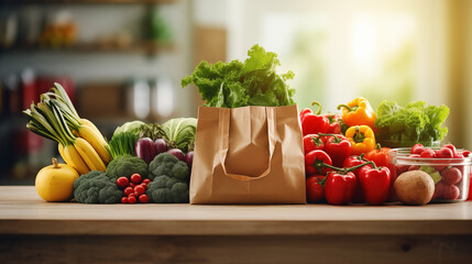Paper bags full of healthy food on the kitchen table - obrazy, fototapety, plakaty