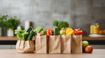 Paper bags full of healthy food on the kitchen table - obrazy, fototapety, plakaty