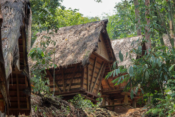 traditional Baduy rice storage construction called leuit. made of wood, bamboo booths and roofed with sago leaves and palm fiber