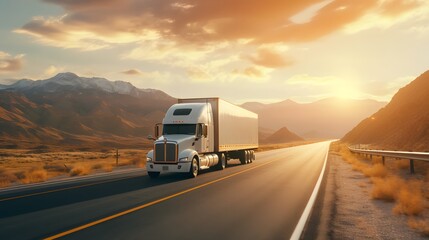 a white cargo truck with a white blank empty trailer for ad on a highway road in the united states. beautiful nature mountains and sky. golden hour sunset. driving in motion. 
 - obrazy, fototapety, plakaty