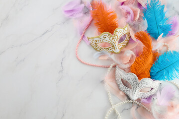 Mardi gras background with mask and feather