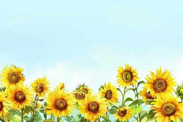 Watercolor landscape with sunflowers and blue sky, copy space.