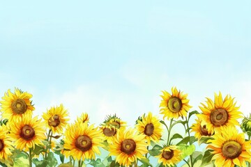 Obraz premium Watercolor landscape with sunflowers and blue sky, copy space.