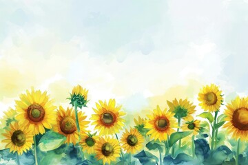 Watercolor landscape with sunflowers and blue sky, copy space.