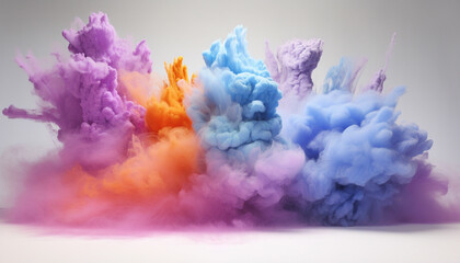 Fototapeta premium Generate fluffy, cloud like formations of colorful powder in the frame, giving the appearance of soft and billowy clouds against a pristine white background.